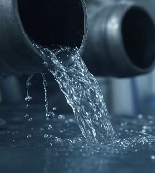 Klar gefiltertes Wasser strömt aus einem industriellen Rohrsystem