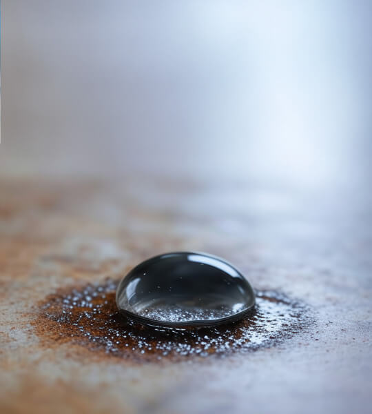 Wassertropfen auf einer korrodierten Metallfläche, der die Reinigung und Schutzwirkung zeigt.